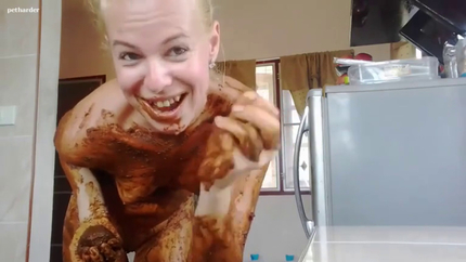 Blonde girl Anja playing with her shit